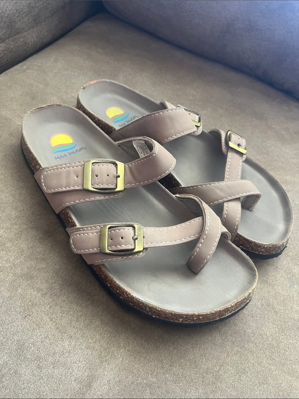 Maui Island Taupe Double-Buckle Slide Sandals with Cross Strap size 8M